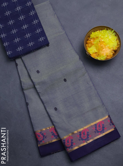 Chettinad cotton saree grey and navy blue with thread woven buttas and thread & zari woven border