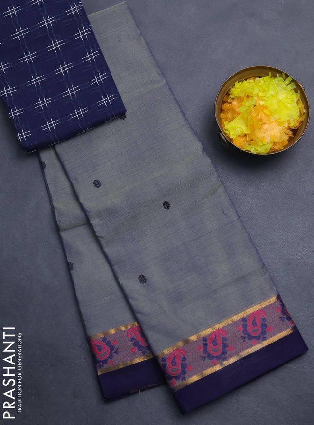 Chettinad cotton saree grey and navy blue with thread woven buttas and thread & zari woven border