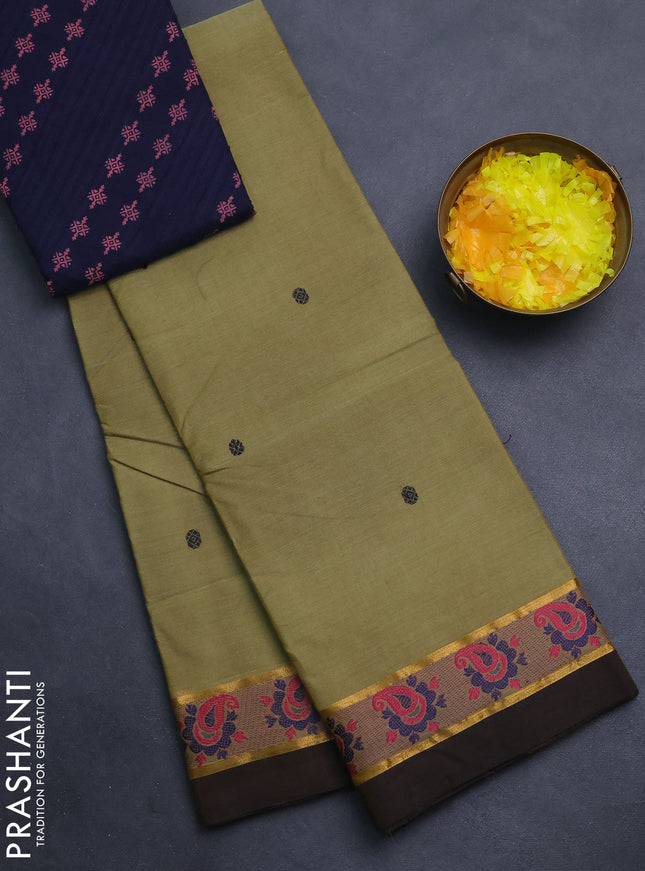 Chettinad cotton saree mehendi green and deep purple with thread woven buttas and thread & zari woven border