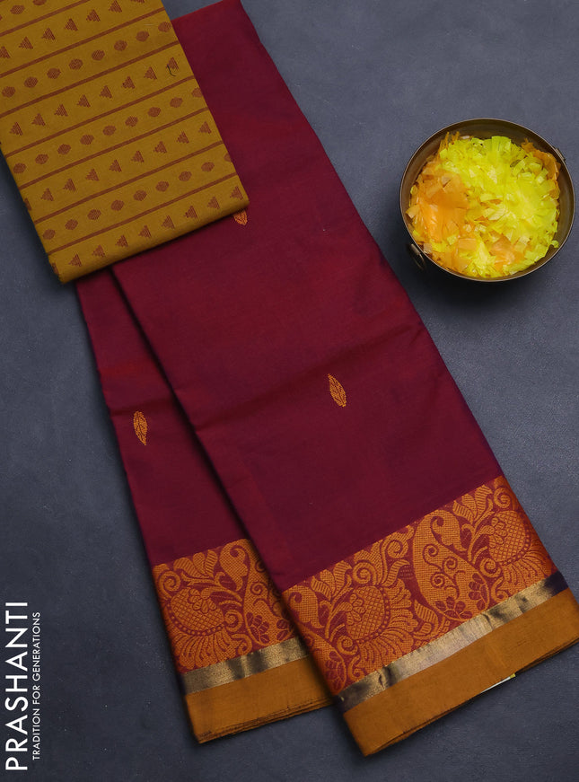 Chettinad cotton saree maroon and mustard yellow with thread woven buttas and thread & zari woven border