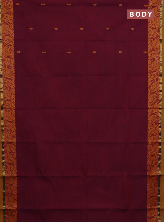 Chettinad cotton saree maroon and mustard yellow with thread woven buttas and thread & zari woven border