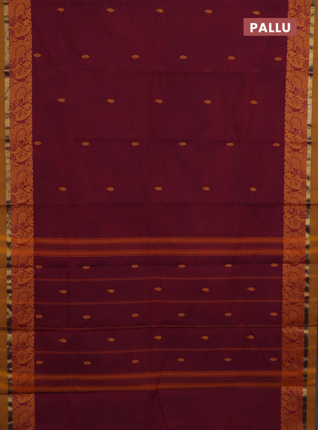 Chettinad cotton saree maroon and mustard yellow with thread woven buttas and thread & zari woven border