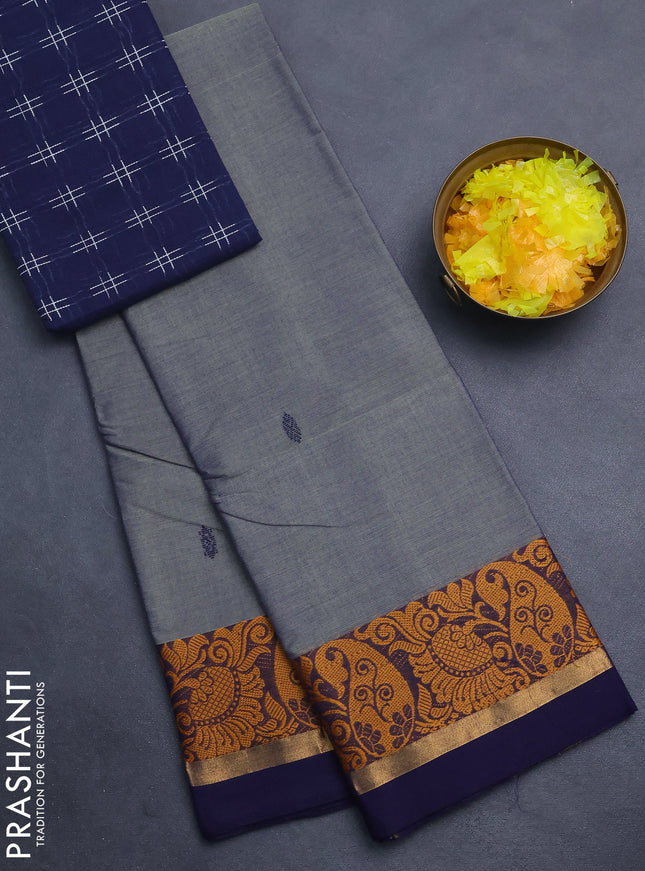 Chettinad cotton saree grey and dark blue with thread woven buttas and thread & zari woven border