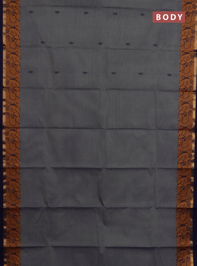 Chettinad cotton saree grey and dark blue with thread woven buttas and thread & zari woven border