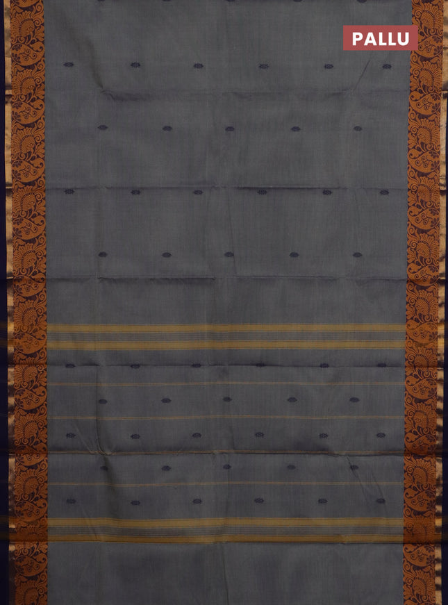 Chettinad cotton saree grey and dark blue with thread woven buttas and thread & zari woven border