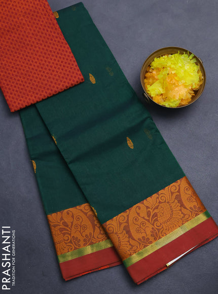Chettinad cotton saree dark green and sunset orange with thread woven buttas and thread & zari woven border