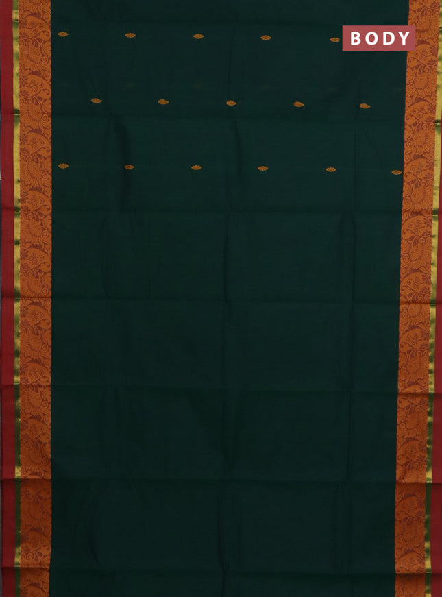 Chettinad cotton saree dark green and sunset orange with thread woven buttas and thread & zari woven border