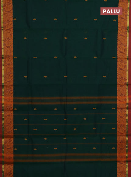 Chettinad cotton saree dark green and sunset orange with thread woven buttas and thread & zari woven border