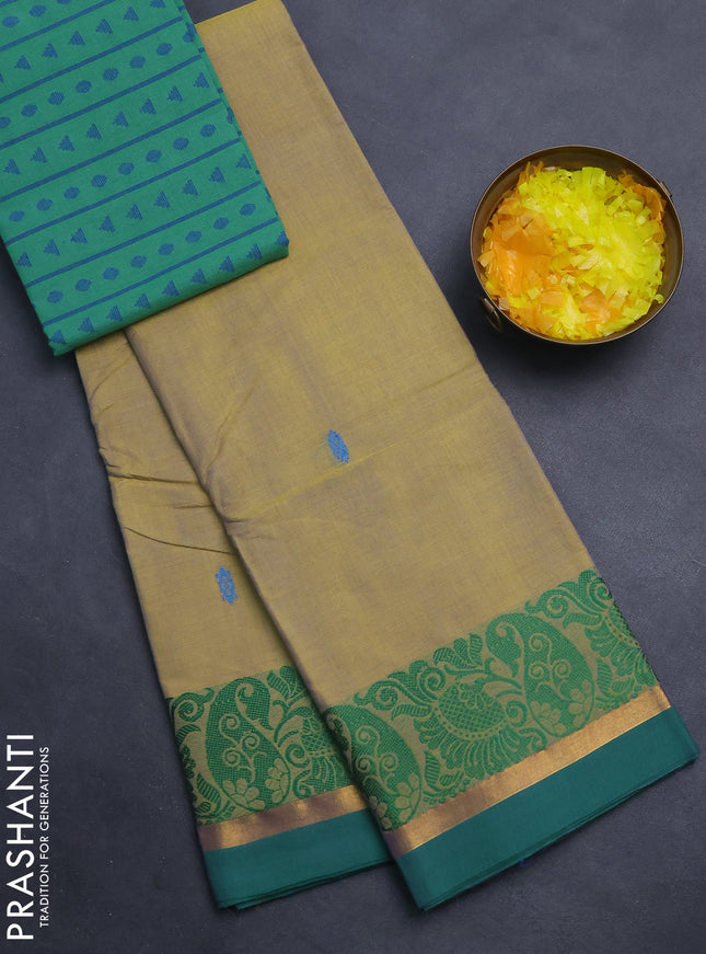 Chettinad cotton saree dual shade of yellow and teal blue with thread woven buttas and thread & zari woven border