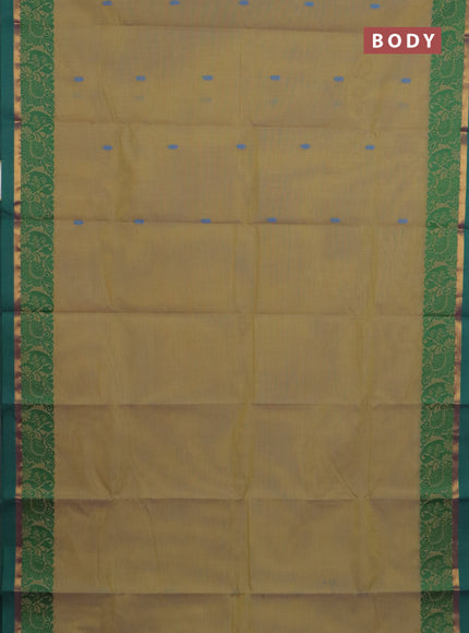 Chettinad cotton saree dual shade of yellow and teal blue with thread woven buttas and thread & zari woven border