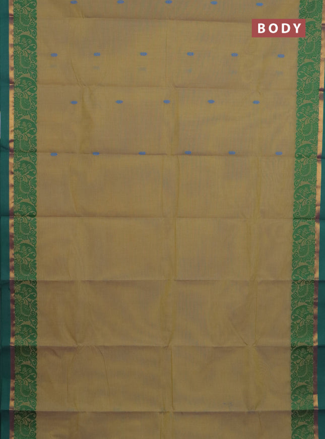 Chettinad cotton saree dual shade of yellow and teal blue with thread woven buttas and thread & zari woven border