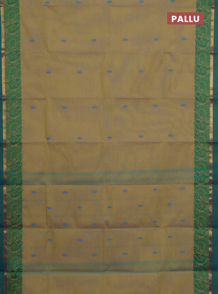 Chettinad cotton saree dual shade of yellow and teal blue with thread woven buttas and thread & zari woven border