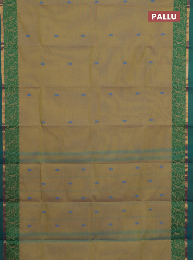Chettinad cotton saree dual shade of yellow and teal blue with thread woven buttas and thread & zari woven border
