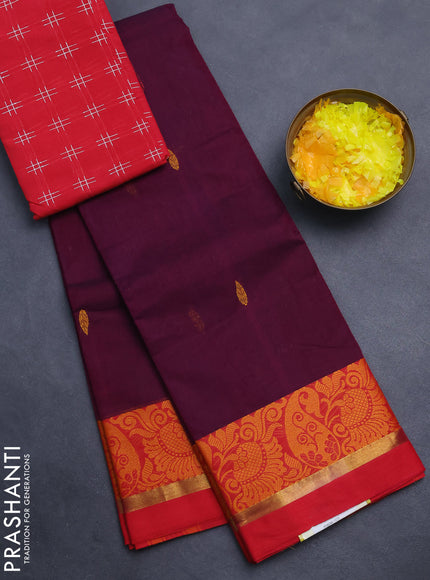 Chettinad cotton saree dark magenta pink and red with thread woven buttas and thread woven border