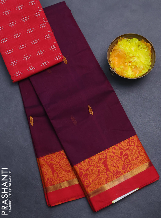 Chettinad cotton saree dark magenta pink and red with thread woven buttas and thread woven border