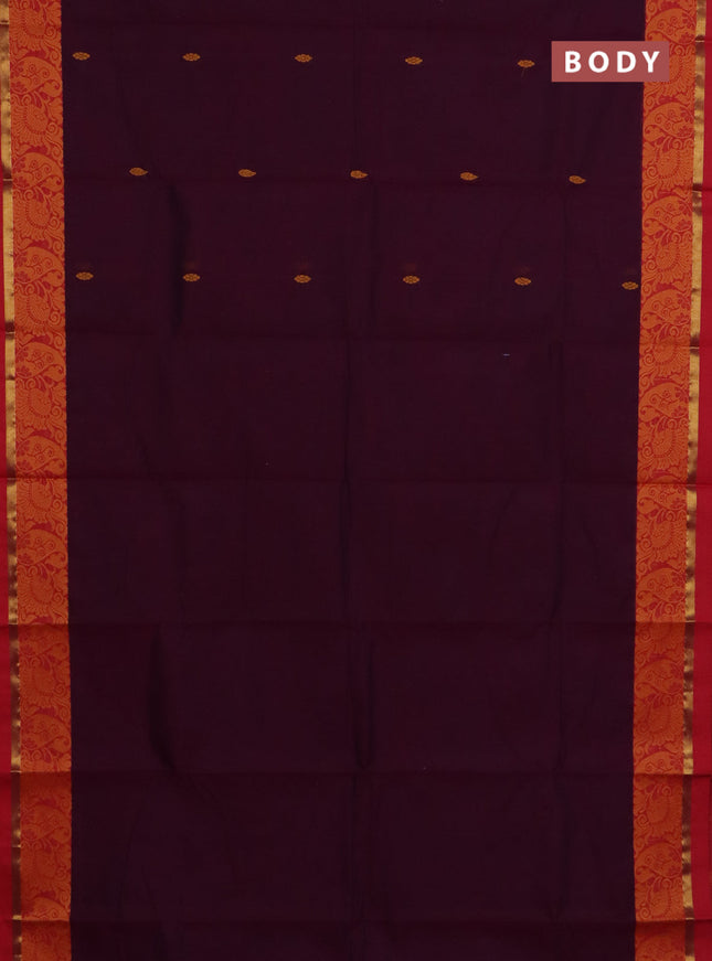 Chettinad cotton saree dark magenta pink and red with thread woven buttas and thread woven border