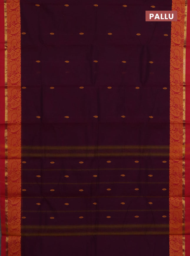 Chettinad cotton saree dark magenta pink and red with thread woven buttas and thread woven border