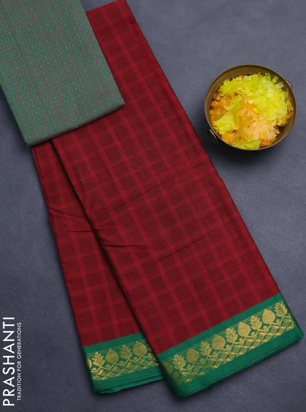 Chettinad cotton saree maroon and green with allover checked pattern and zari woven border