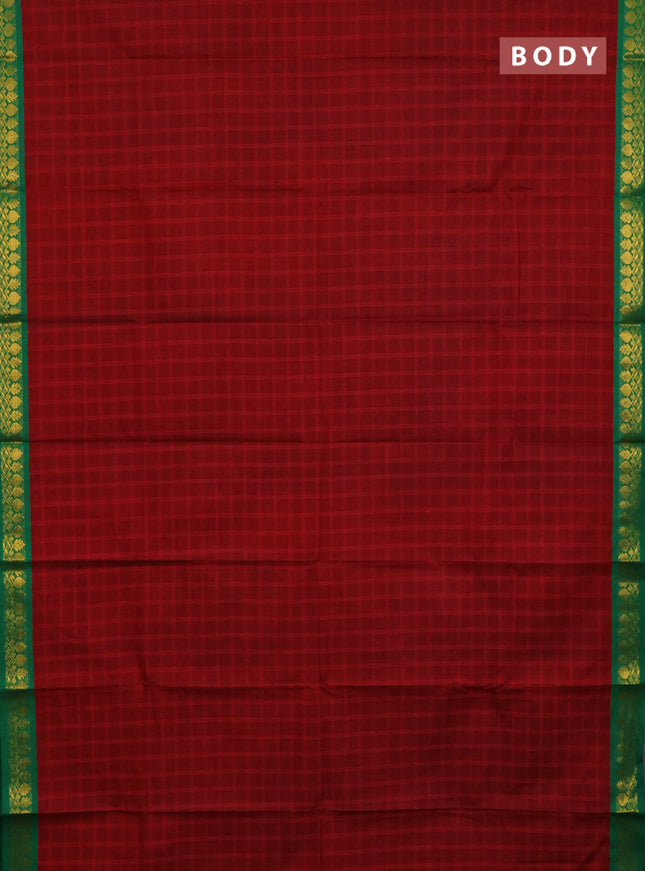 Chettinad cotton saree maroon and green with allover checked pattern and zari woven border
