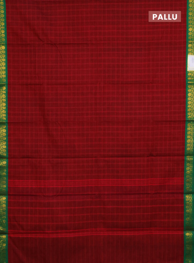 Chettinad cotton saree maroon and green with allover checked pattern and zari woven border