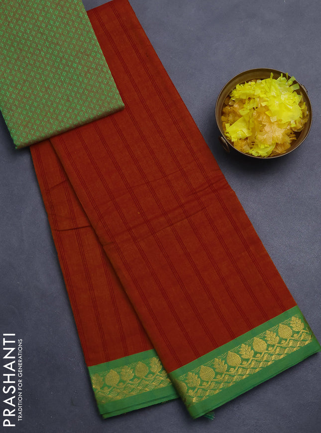 Chettinad cotton saree rustic orange and green with allover checked pattern and zari woven border