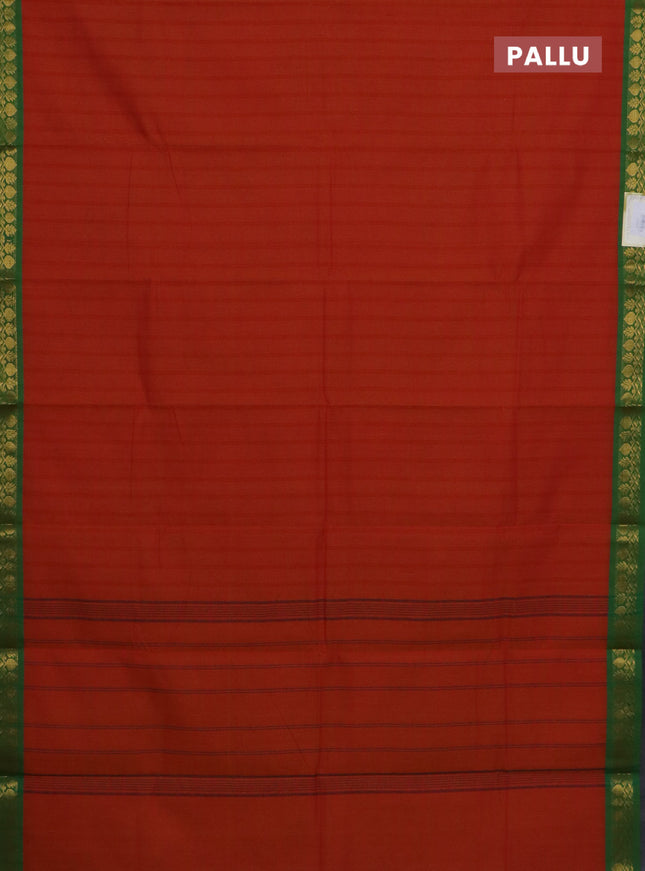 Chettinad cotton saree rustic orange and green with allover checked pattern and zari woven border