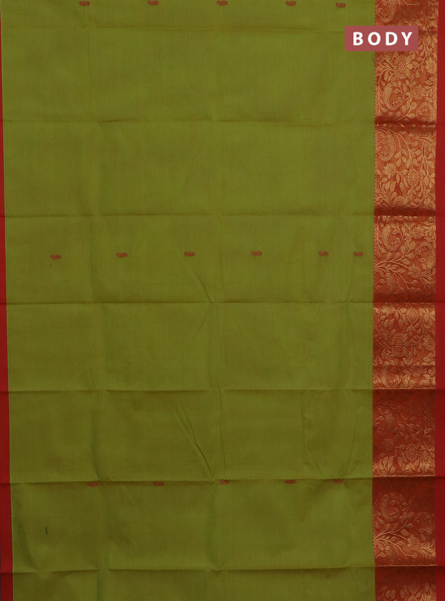 Chettinad cotton saree lime green and orange with thread woven buttas and long zari woven border