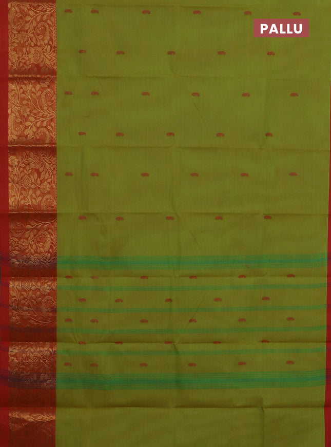 Chettinad cotton saree lime green and orange with thread woven buttas and long zari woven border