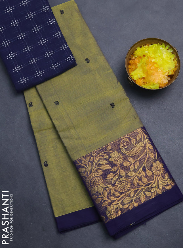 Chettinad cotton saree olive green and navy blue with thread woven buttas and long zari woven border