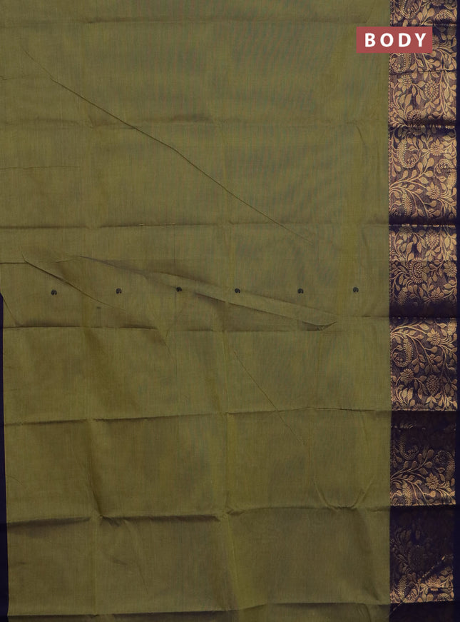 Chettinad cotton saree olive green and navy blue with thread woven buttas and long zari woven border