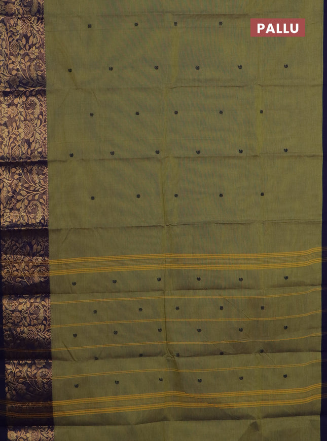 Chettinad cotton saree olive green and navy blue with thread woven buttas and long zari woven border