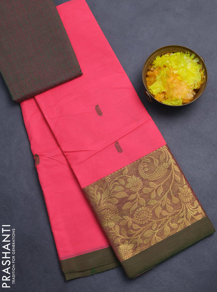 Chettinad cotton saree peach pink and sap green with thread woven buttas and long zari woven border