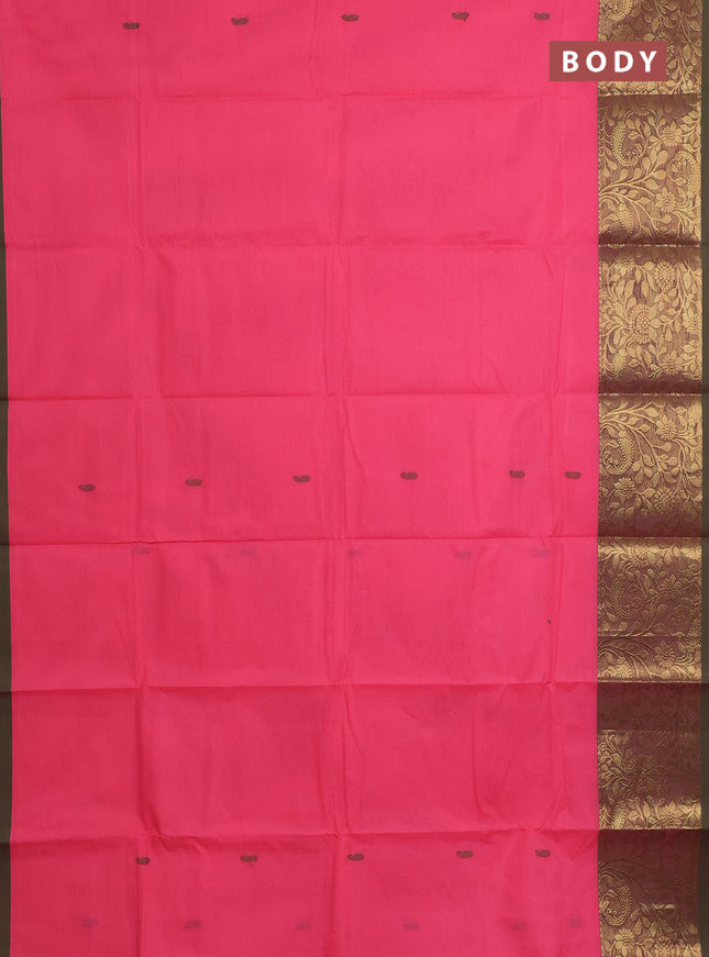 Chettinad cotton saree peach pink and sap green with thread woven buttas and long zari woven border