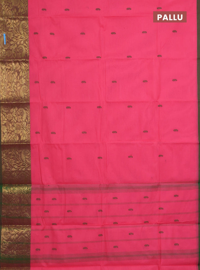 Chettinad cotton saree peach pink and sap green with thread woven buttas and long zari woven border