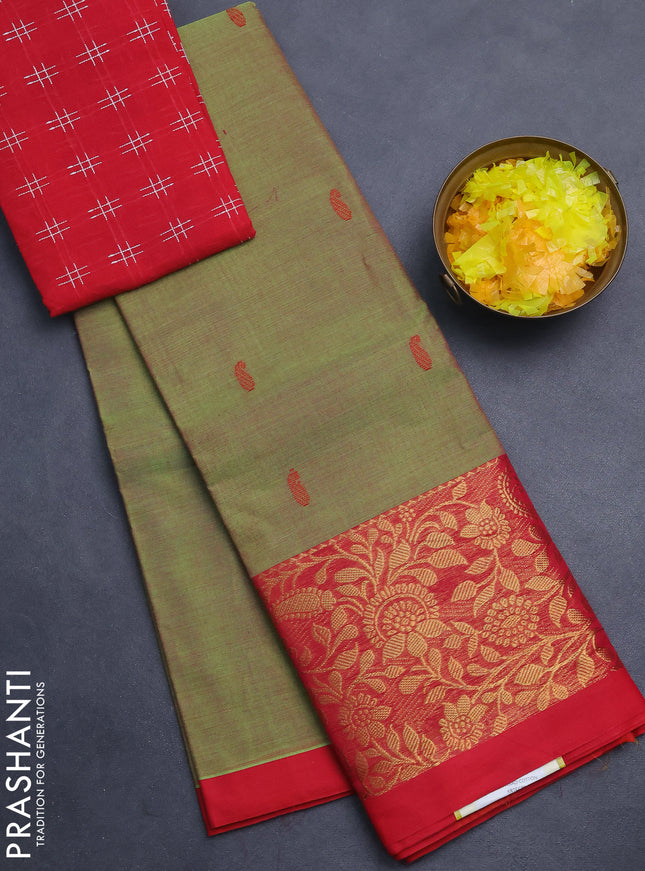 Chettinad cotton saree dual shade of green and red with thread woven buttas and long zari woven border