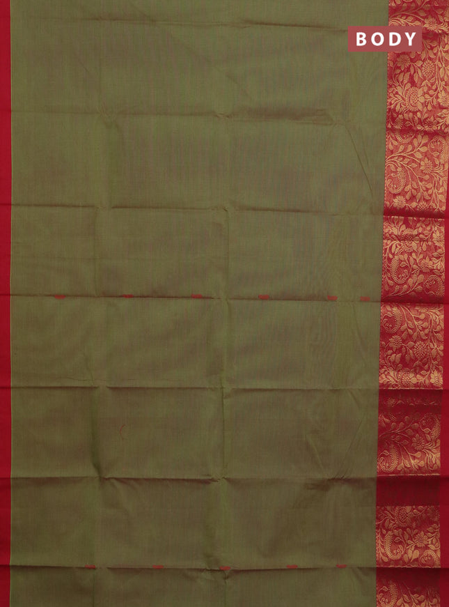 Chettinad cotton saree dual shade of green and red with thread woven buttas and long zari woven border