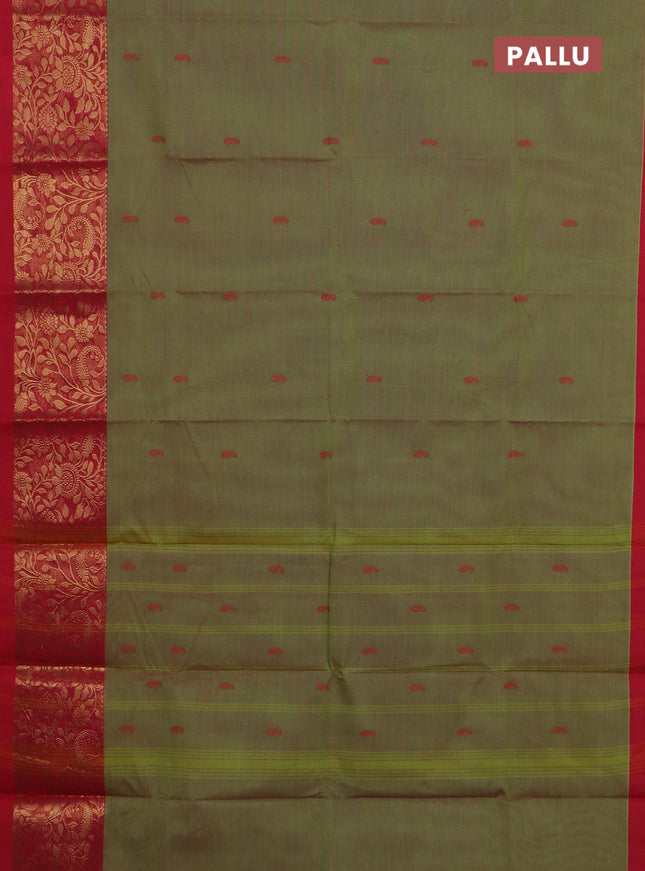 Chettinad cotton saree dual shade of green and red with thread woven buttas and long zari woven border