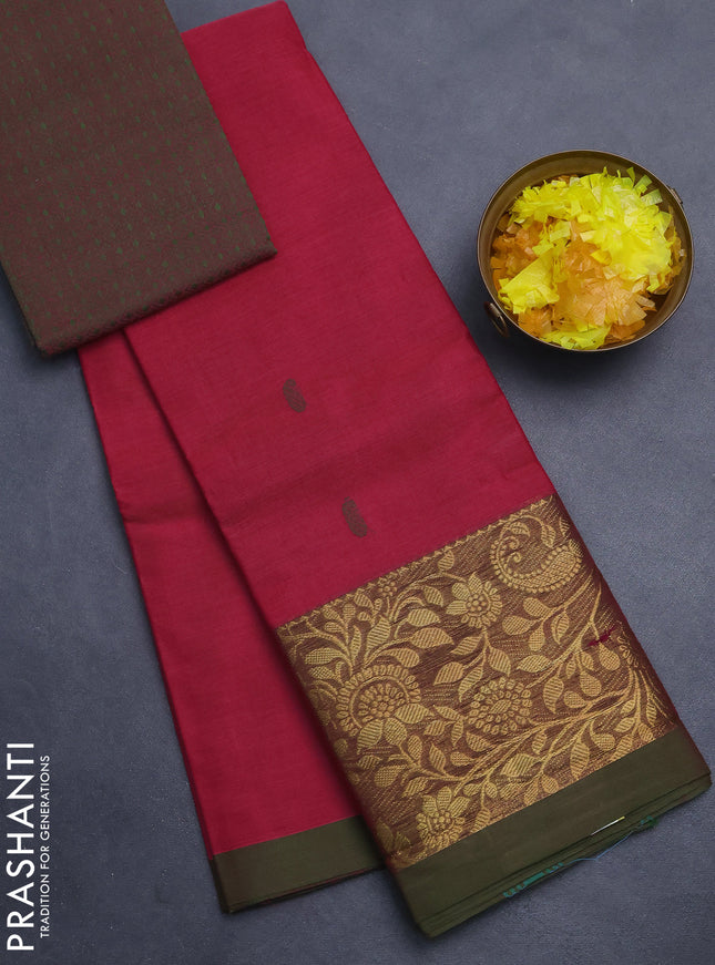 Chettinad cotton saree pink and sap green with thread woven buttas and long zari woven border