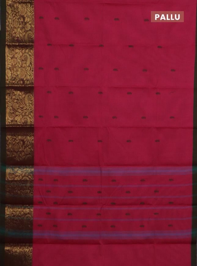 Chettinad cotton saree pink and sap green with thread woven buttas and long zari woven border