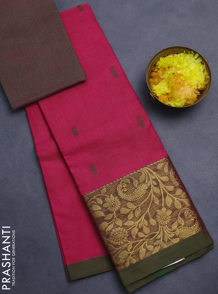 Chettinad cotton saree pink and green with thread woven buttas and long zari woven border