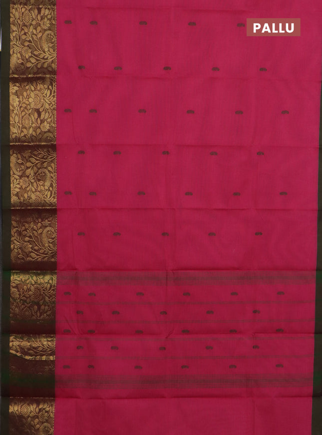 Chettinad cotton saree pink and green with thread woven buttas and long zari woven border