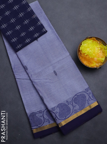 Chettinad cotton saree greyish blue and dark blue with thread woven buttas and thread woven border