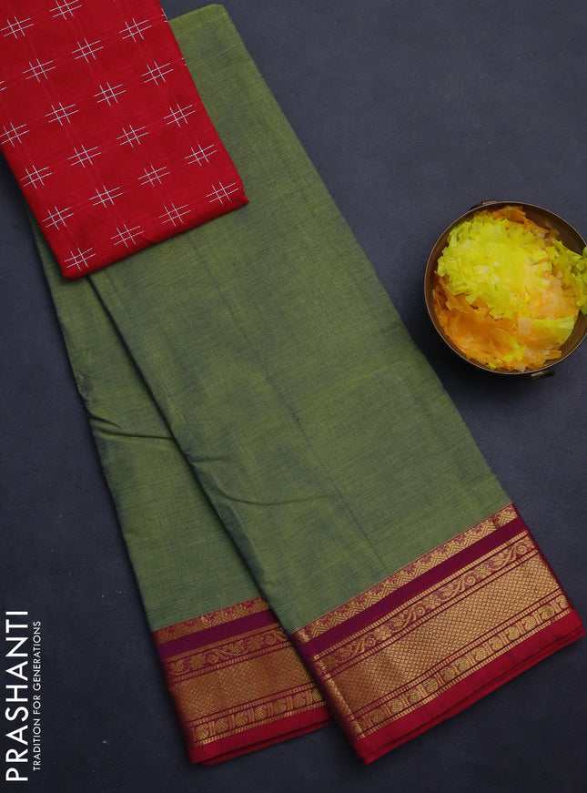 Chettinad cotton saree green and kumkum red with plain body and zari woven border