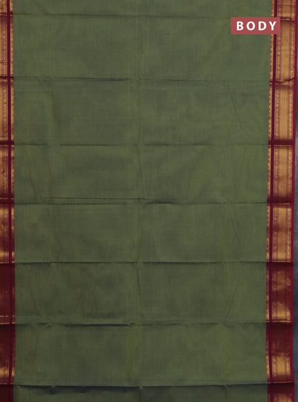Chettinad cotton saree green and kumkum red with plain body and zari woven border