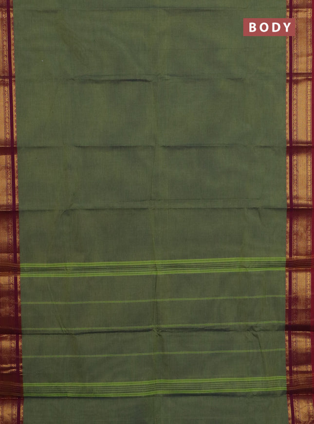Chettinad cotton saree green and kumkum red with plain body and zari woven border