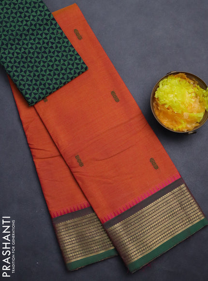 Chettinad cotton saree dual shade of sunset orange and green with thread woven buttas and zari woven border