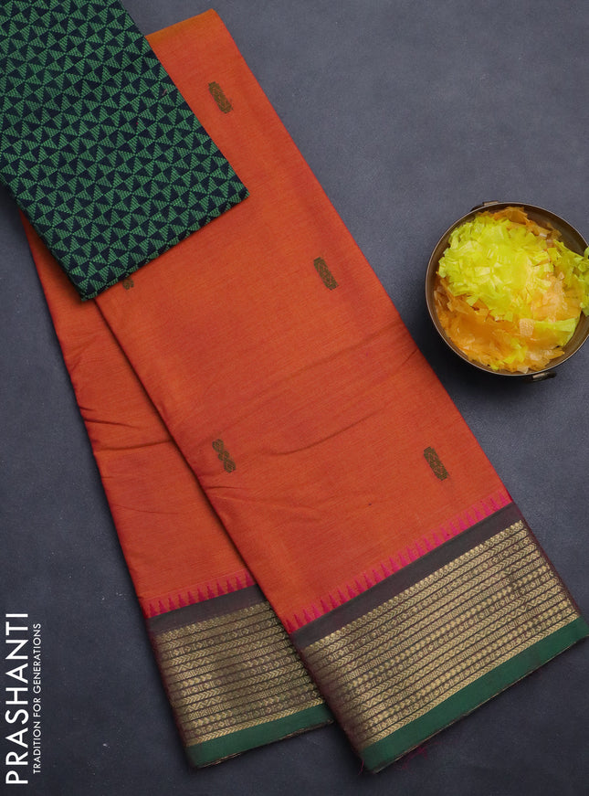 Chettinad cotton saree dual shade of sunset orange and green with thread woven buttas and zari woven border
