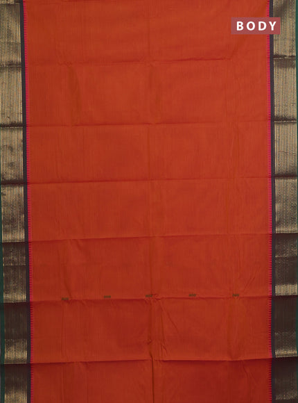 Chettinad cotton saree dual shade of sunset orange and green with thread woven buttas and zari woven border