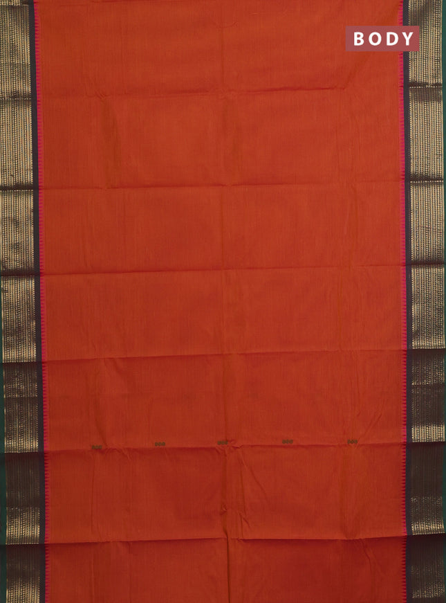 Chettinad cotton saree dual shade of sunset orange and green with thread woven buttas and zari woven border