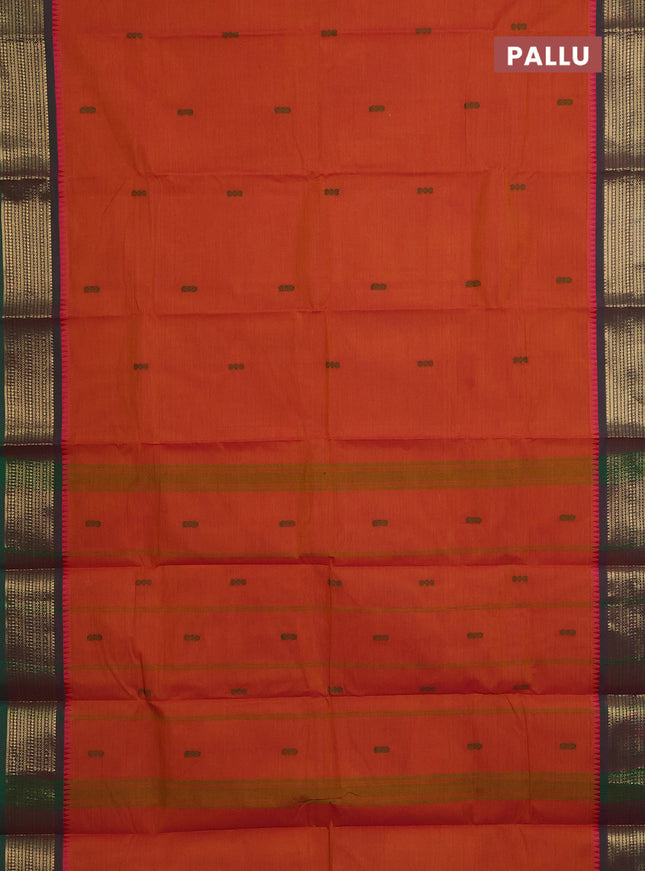Chettinad cotton saree dual shade of sunset orange and green with thread woven buttas and zari woven border